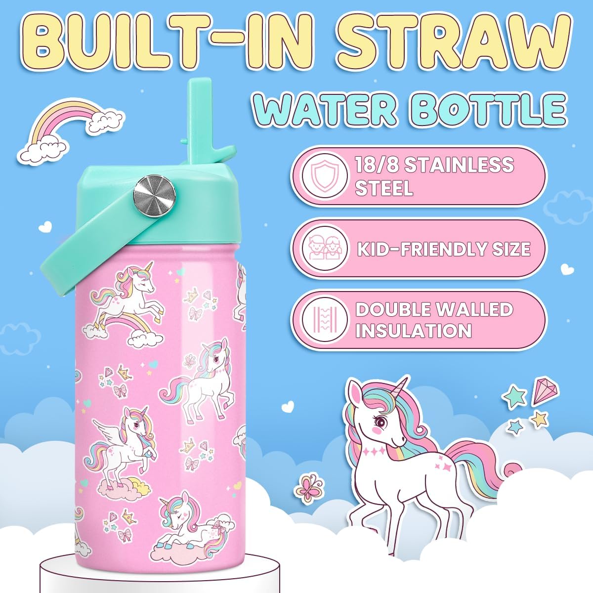 Skiennix Unicorn Water Bottle - 12 Oz Insulated Stainless Steel with Straw Lid | Perfect for Kids
