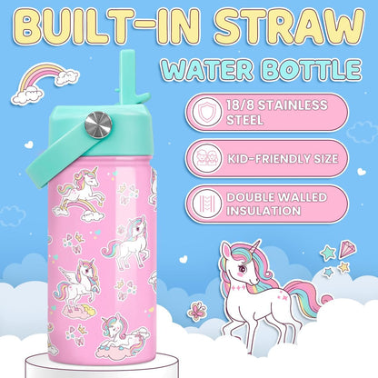 Skiennix Unicorn Water Bottle - 12 Oz Insulated Stainless Steel with Straw Lid | Perfect for Kids