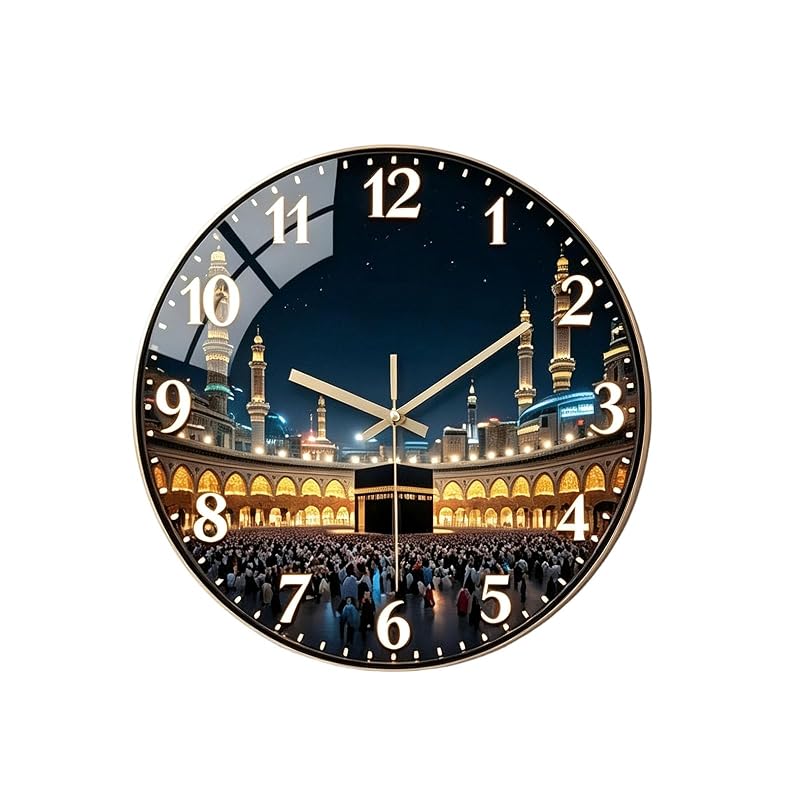 Silent 12-Inch Wooden Wall Clock with Kaaba Night Scene – 1pc Variation