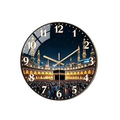 Silent 12-Inch Wooden Wall Clock with Kaaba Night Scene – 1pc Variation