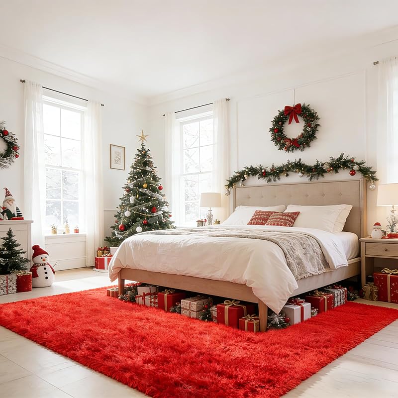 Red 6' x 9' Ultra Soft Shag Area Rug for Bedroom & Living Room (Variation: Red+6' x 9' Rectangular) - Non-Slip Plush Home Decor