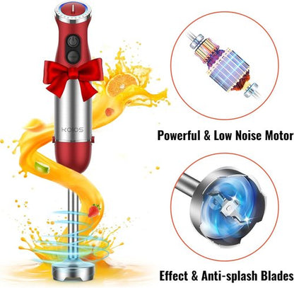 KOIOS 5-in-1 Hand Immersion Blender - 1000W, 12 Speed, Stainless Steel Blade, Red | Includes Mixing Beaker & Food Processor