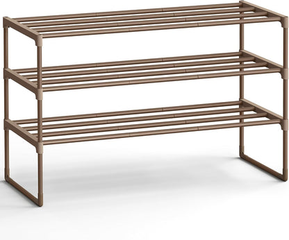 SONGMICS 3-Tier Shoe Rack - Stackable Metal Organizer for 16-20 Pairs | Walnut Brown, 11.8 x 36.2 x 21.7 Inches
