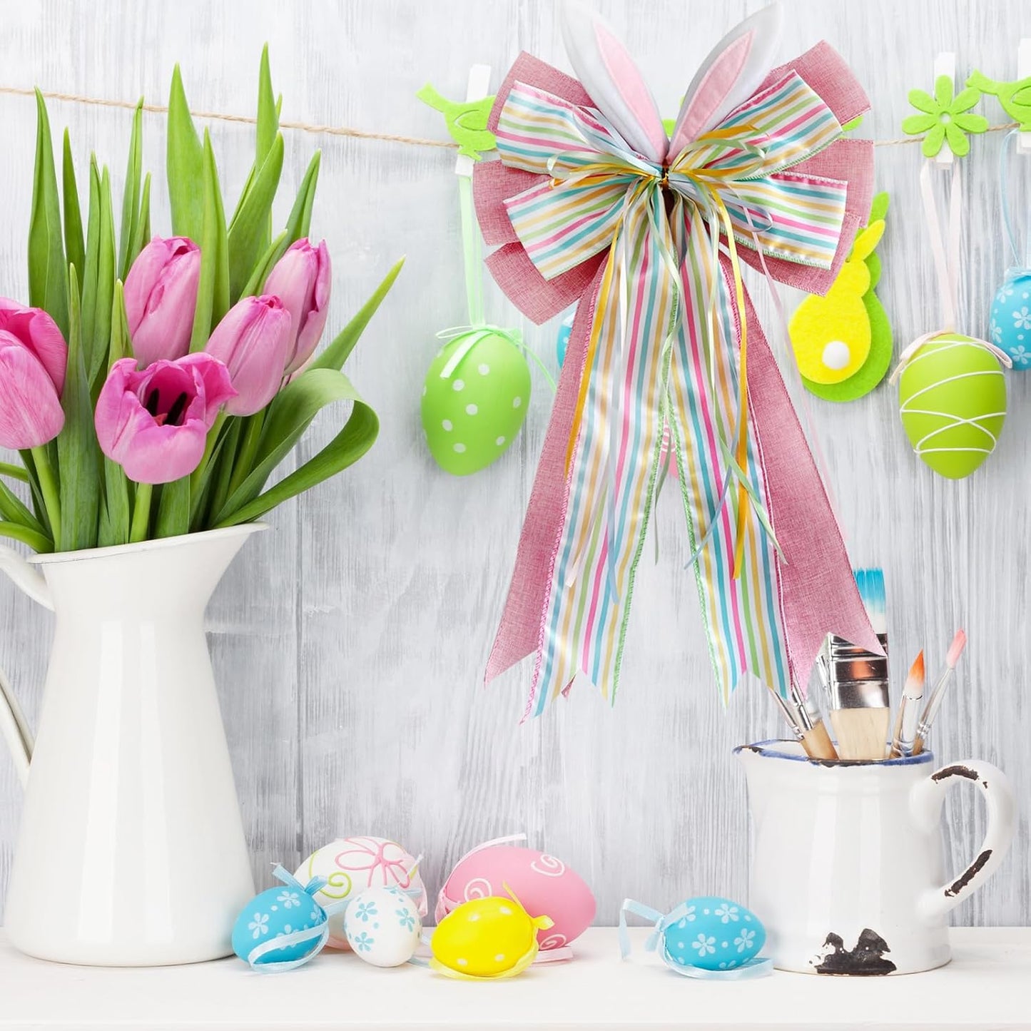 Skiennix Large Easter Pink Burlap Bow - 11.5" x 20" with Bunny Ears for Wreaths & Gift Baskets