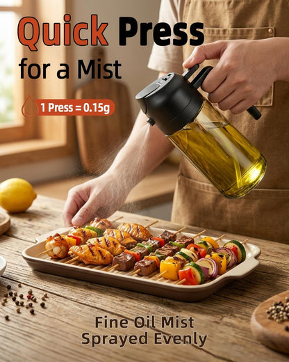 Skiennix 16oz Oil Sprayer - 2 in 1 Food Grade Glass Dispenser for Cooking & BBQ | Black