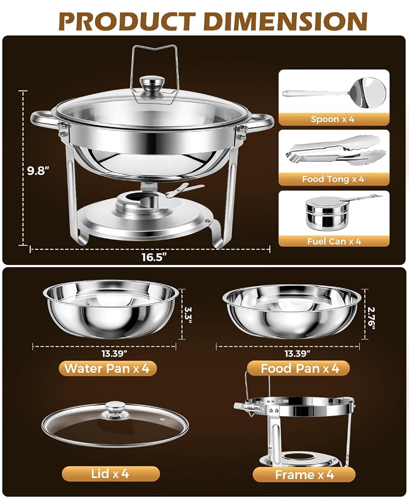 4 Pack 5Qt Round Stainless Steel Chafing Dishes Buffet Warmer Set - Food Warmers for Parties, Home & Catering