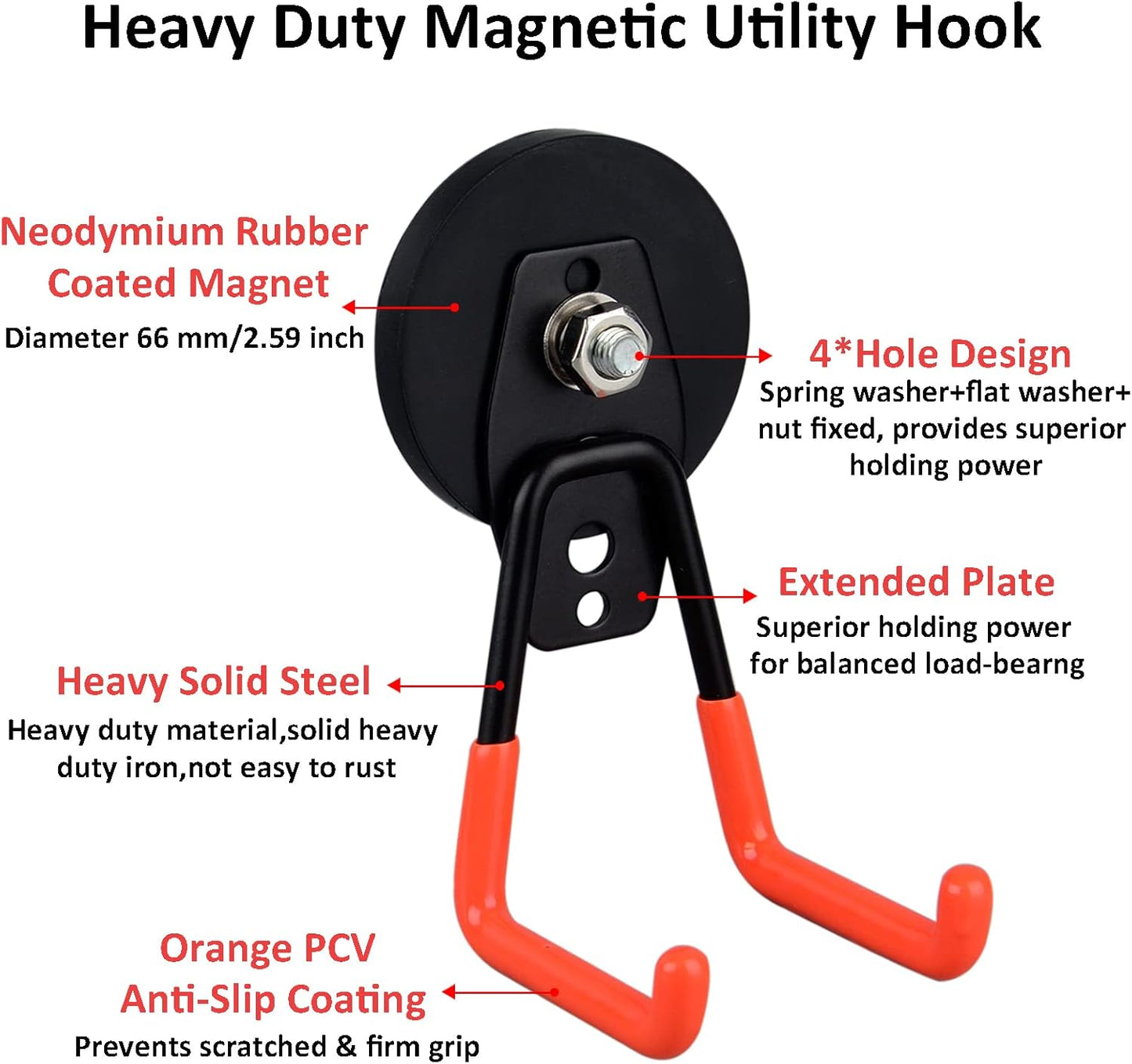 ULIBERMAGNET Heavy Duty Magnetic Garage Hooks - Strong Magnet Holders for Tools & Pegboard | 2 Pack (Orange)
