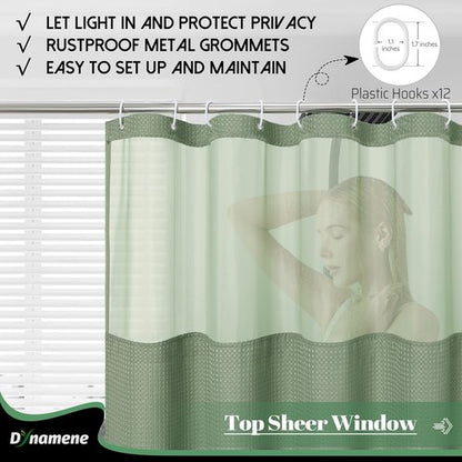 Dynamene 78 Inch Long Shower Curtain, Tall Waffle Fabric Shower Curtains for Bathroom, Hotel Waterproof Cloth Shower Curtain Liner Set with Hooks, Snap in Liner, Mesh Top Window, Sage Green, 72x78