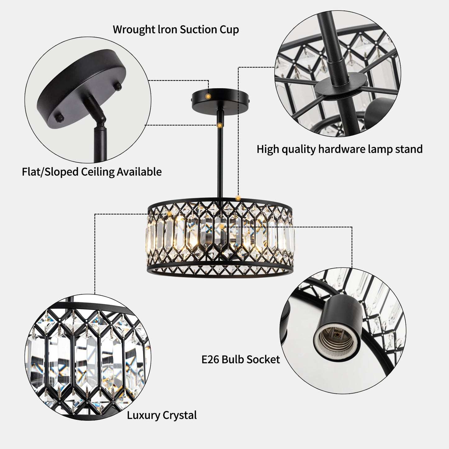 Rpzloila 2-Light Crystal Ceiling Light Fixture, Modern Semi Flush Mount Ceiling Light, Black Crystal Chandelier for Kitchen Bedroom Bathroom Entryway Hallway