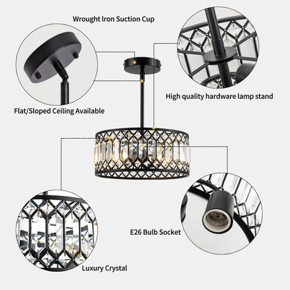Rpzloila 2-Light Crystal Ceiling Light Fixture, Modern Semi Flush Mount Ceiling Light, Black Crystal Chandelier for Kitchen Bedroom Bathroom Entryway Hallway