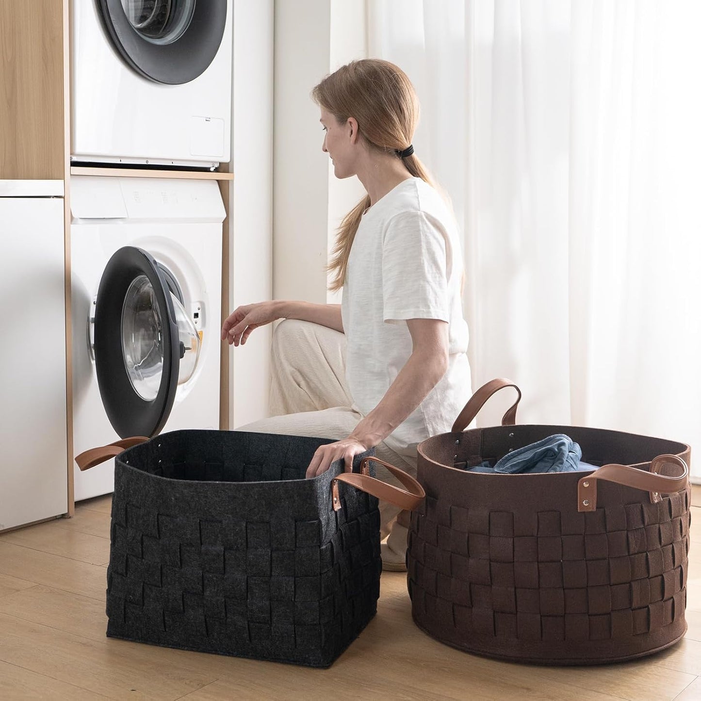 BOLDMONKEY Laundry Basket - Large Felt Fabric Hamper with Leather Handle | 20" x 20" x 11.8" - Brown