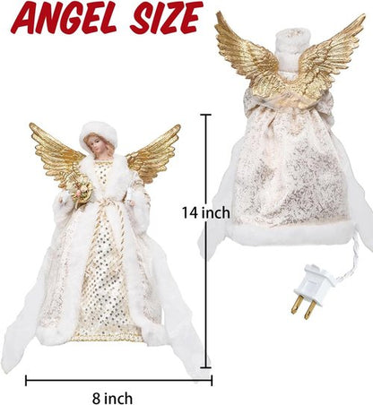 Bdor 14-Inch Christmas Tree Topper Angel - Lighted Golden Wings & Elegant White Gold Design for Holiday Décor