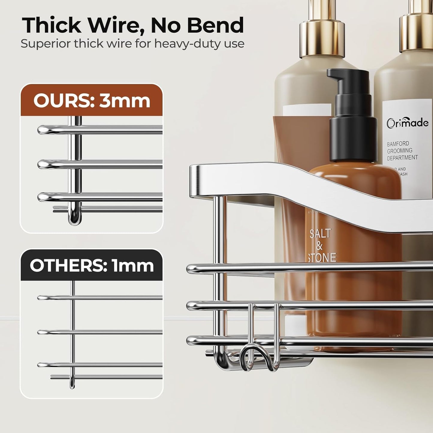 Orimade Shower Caddy | Wall-Mounted Storage Rack - Rust-Resistant Stainless Steel, Pack of 2 with 5 Hooks