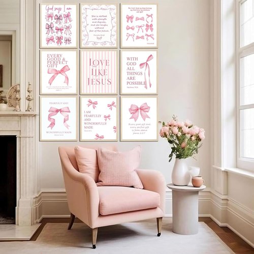 Coquette Pink Bow Wall Art - Inspirational Bible Verses Canvas Prints | 8x10 Unframed Decor for Teen Girls