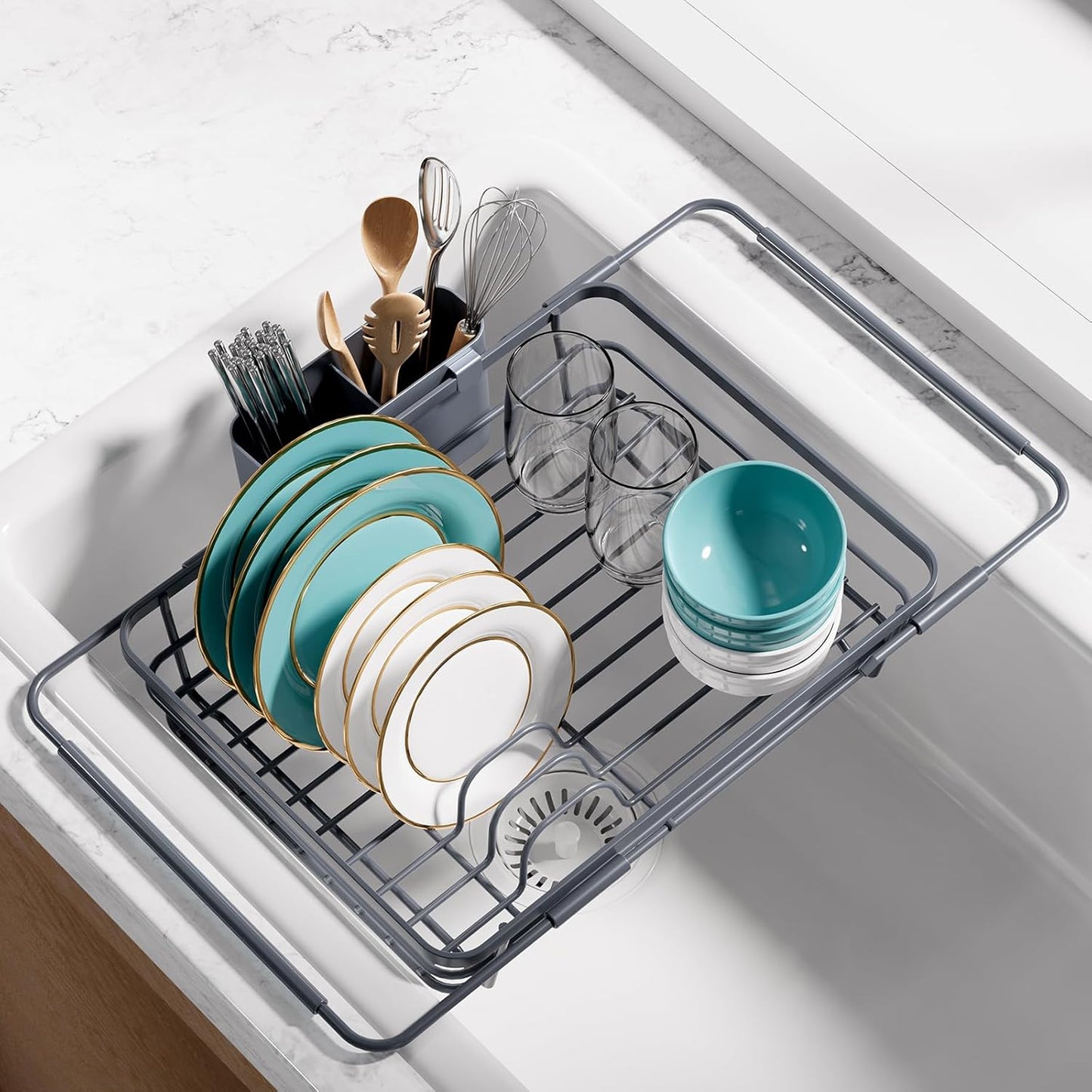 Skiennix Extendable Dish Drying Rack - Over Sink Storage with Utensil Holder | 12" W x 16.1~23" L, Gray