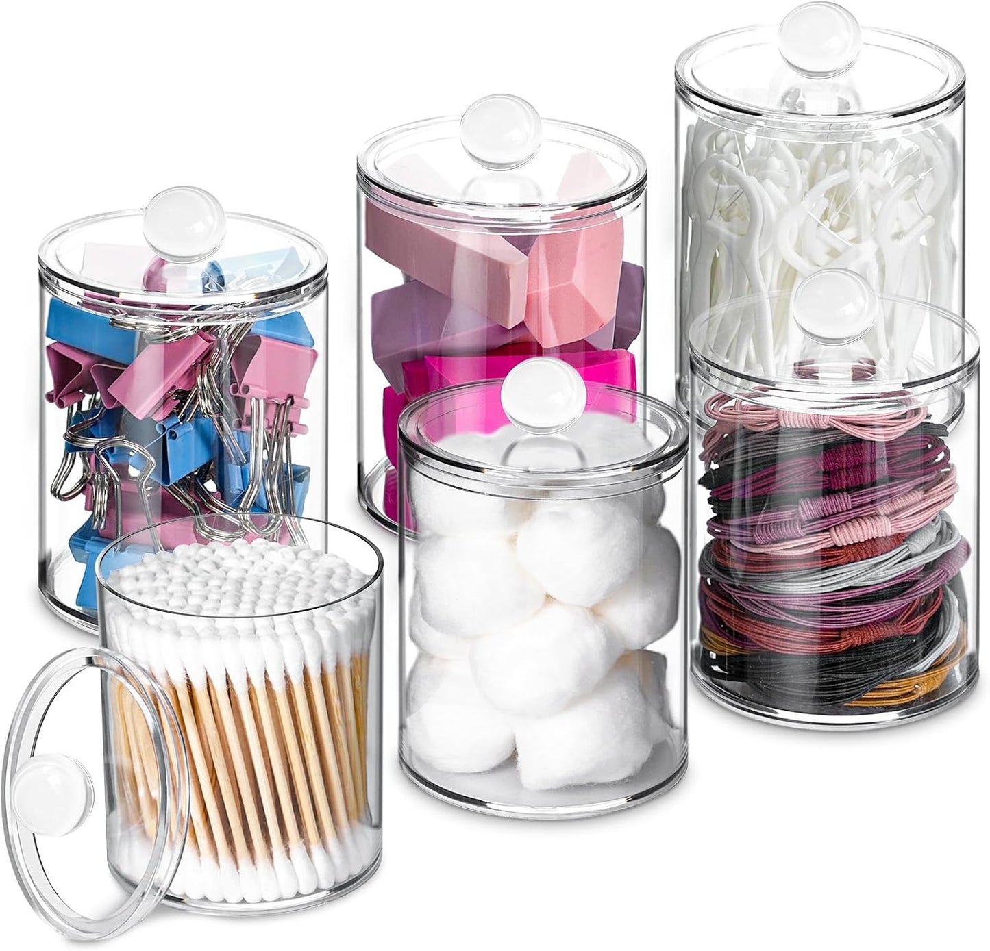 XIPENGKEJI Qtip Holder Set - 6 Pack Apothecary Jars with Lids for Cotton Swabs & Pads | Clear 10oz-12oz