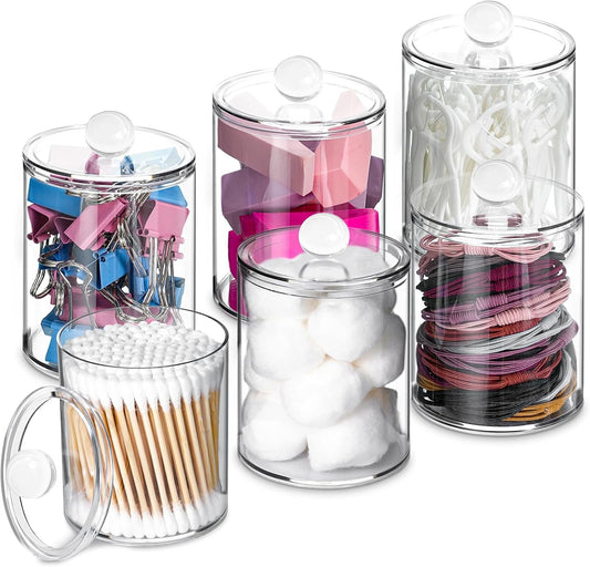 XIPENGKEJI Qtip Holder Set - 6 Pack Apothecary Jars with Lids for Cotton Swabs & Pads | Clear 10oz-12oz