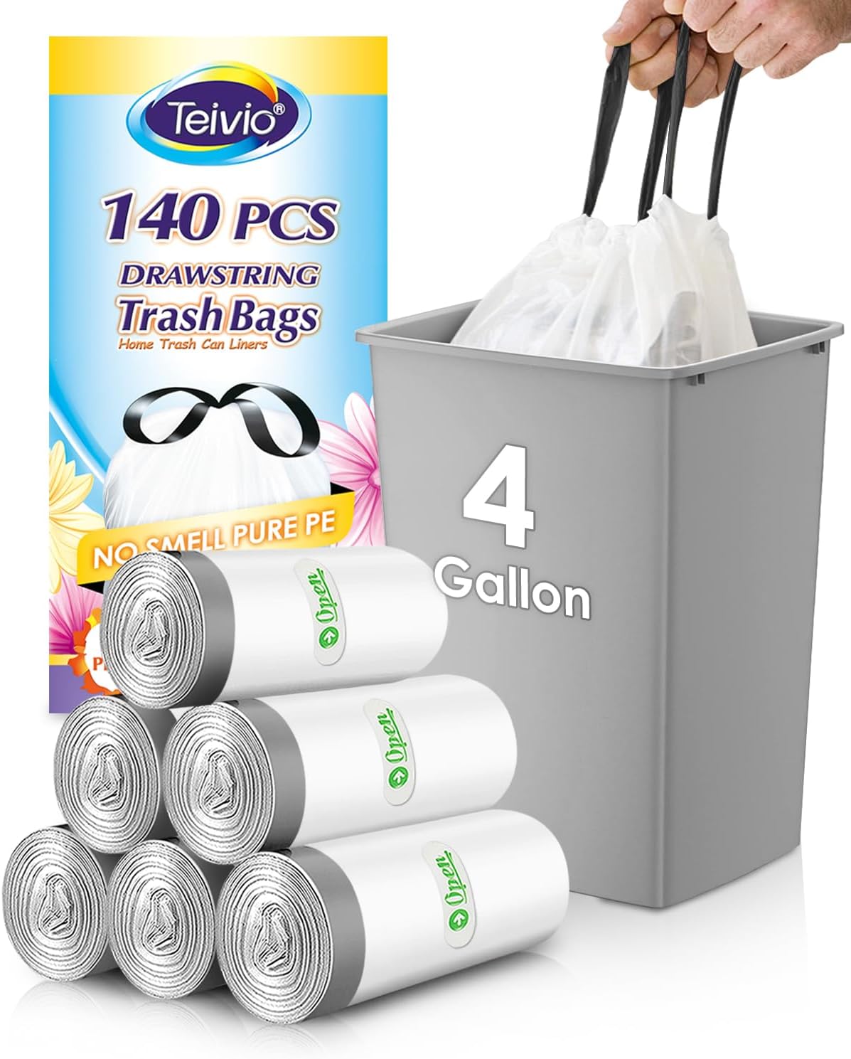 Teivio 4 Gallon Strong Drawstring Trash Bags - 140 Count White Garbage Bin Liners for Home & Office