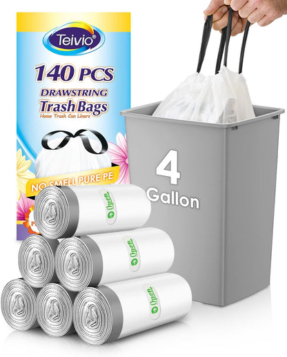 Teivio 4 Gallon Strong Drawstring Trash Bags - 140 Count White Garbage Bin Liners for Home & Office