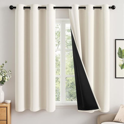 MIULEE Cream 100% Blackout Curtains for Bedroom 63 Inch Long, 2 Thick Layers Thermal Insulated Black Out Window Curtains with Black Liner, Noise Reducing Grommet Living Room Drapes 2 Panels Set Ivory