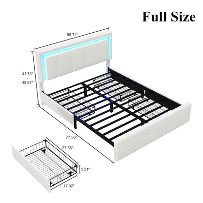 Full Size Bed Frame with 4 Storage Drawers, Upholstered Headboard, White - Variation: White+Full