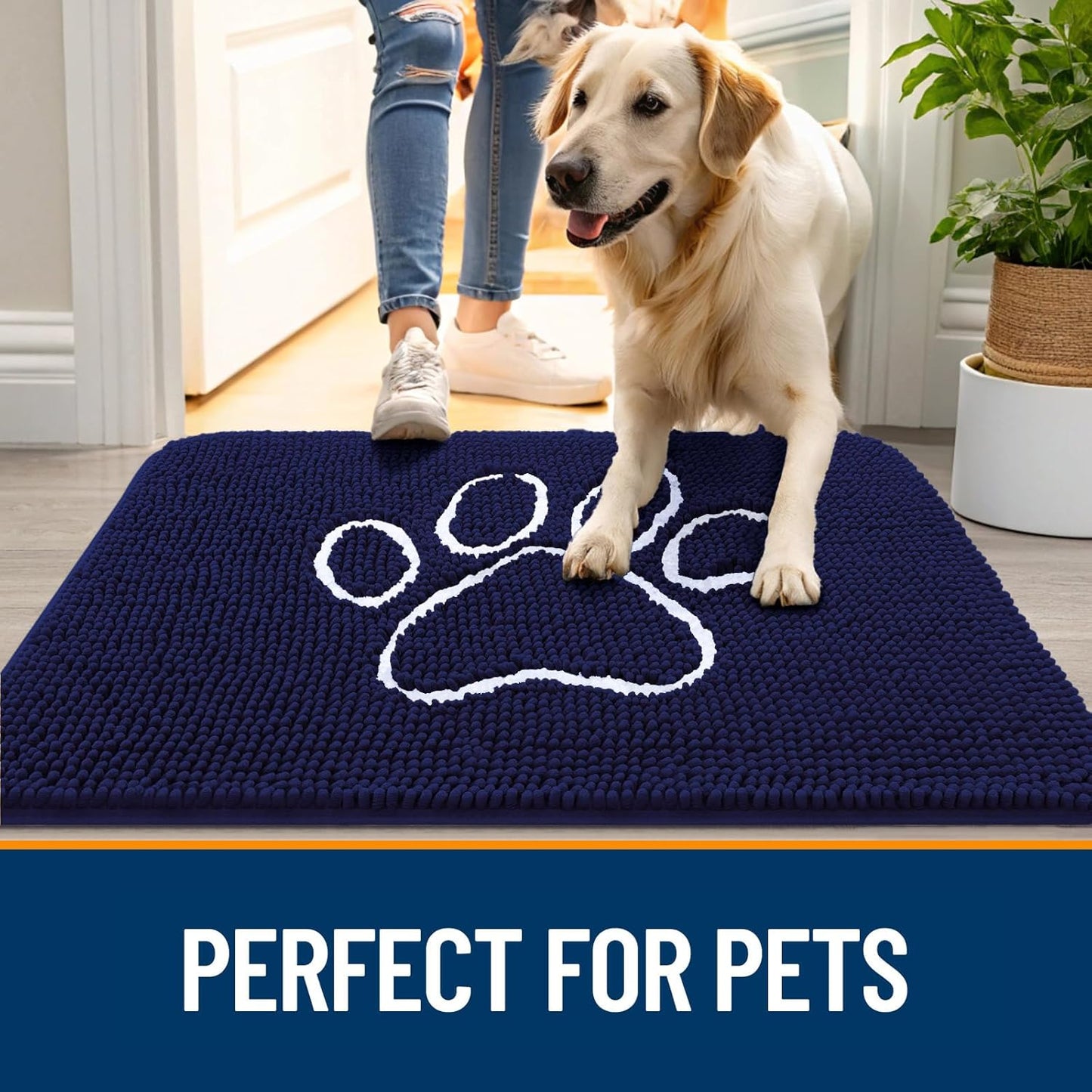OLANLY Dog Door Mat - Absorbent Non-Slip Mud Mat for Paws | 40x32 Navy Blue Chenille Design
