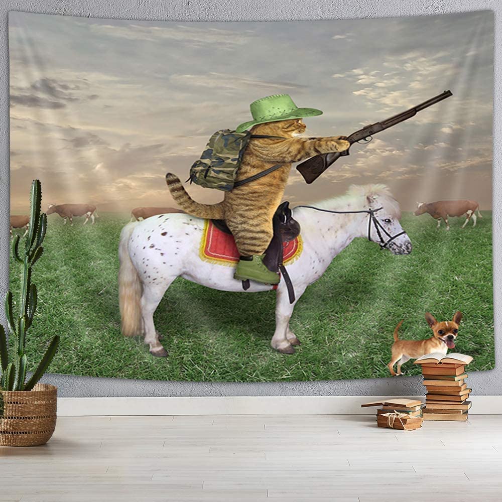 Funny Animals Tapestry, Cat Cowboy with Rifle Rides A Horse on Green Grass Ranch with Cow Dog Wall Tapestry, Tapestry Wall Hanging for Bedroom Living Room Dorm TV Background, 90X70IN