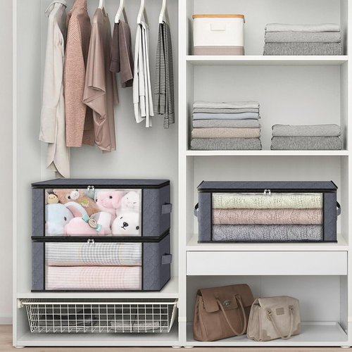 HomeHacks Clothes Organizer Storage Bags - Foldable 35L Box with Clear Window & Sturdy Handles | Gray