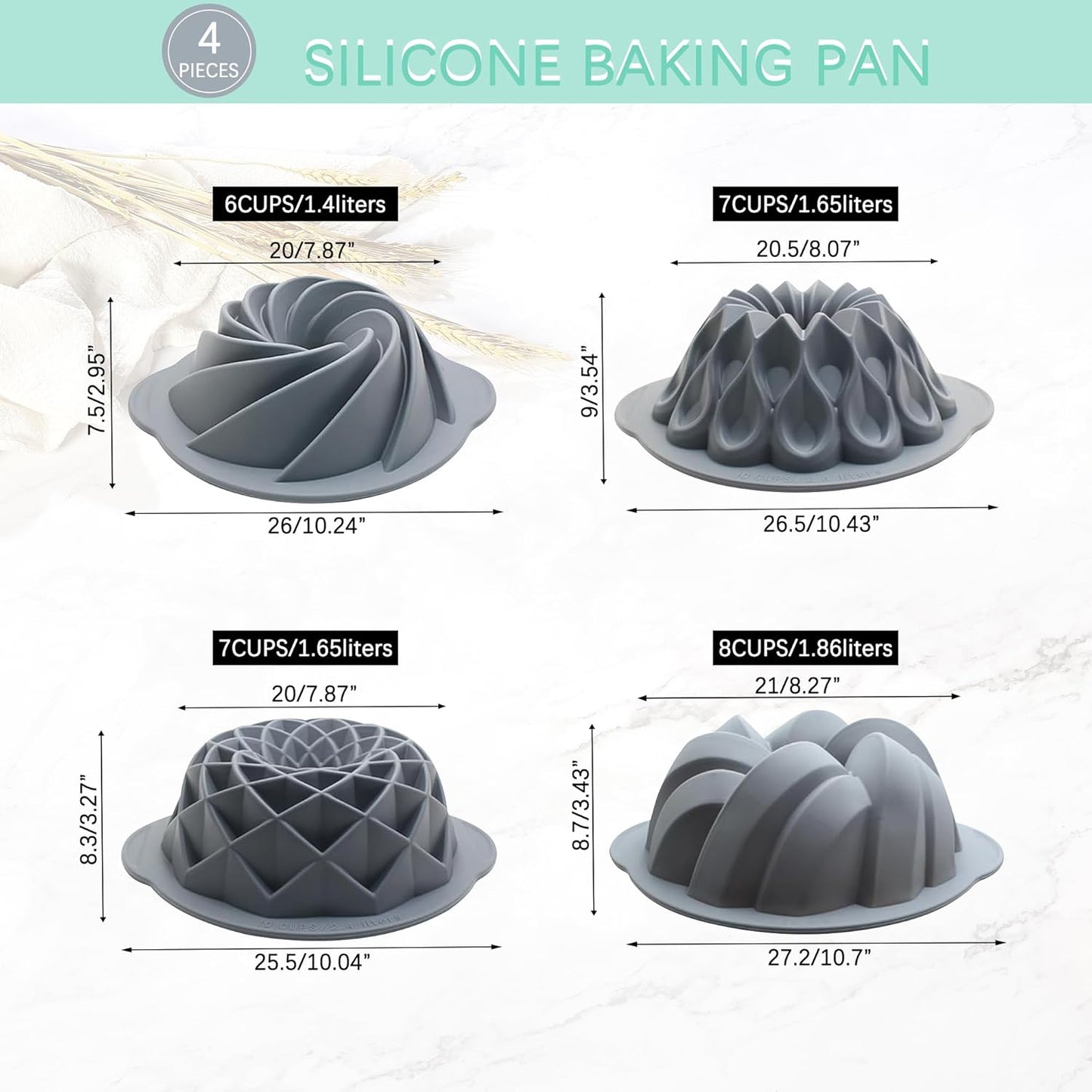 Tongjude Silicone Fluted Cake Pans - Non-Stick 4-Piece Set for Baking Cakes, Bread & Jello | 6/7/8 Cups, Grey