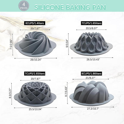 Tongjude Silicone Fluted Cake Pans - Non-Stick 4-Piece Set for Baking Cakes, Bread & Jello | 6/7/8 Cups, Grey
