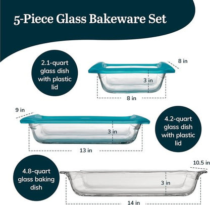 Libbey Premium 5-Piece Glass Baking Dish Set - Stackable Casserole Dishes with Lids for Lasagna & Brownies