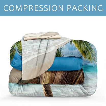 Bedbay Beach Theme Comforter Set Twin Size Tropical Bedding Twin Size Palm Tree Duvet Boys Girls Sunny Beach Coastal Bedding Down Comforter Soft Microfiber 2 Pcs Quilt Set