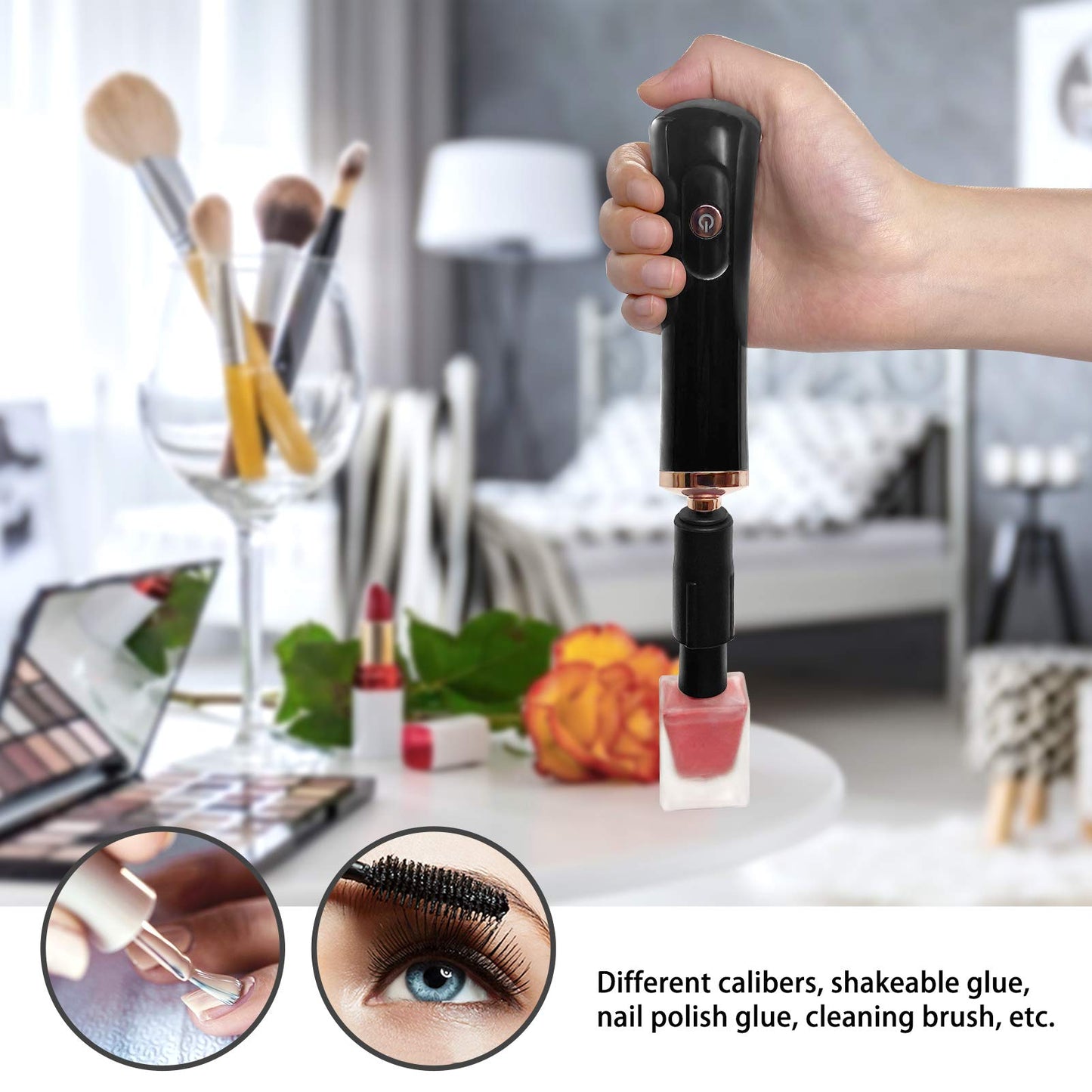 ZLMONDEE Nail Lacquer Shaker, Nail Polish Mixer, Portable Electric Eyelash Glue Shaker with 2 Connectors and 8 Sizes of Caliber Liquid Evenly Mixer for Eyelash Extension Lash Glue Ink (Black)