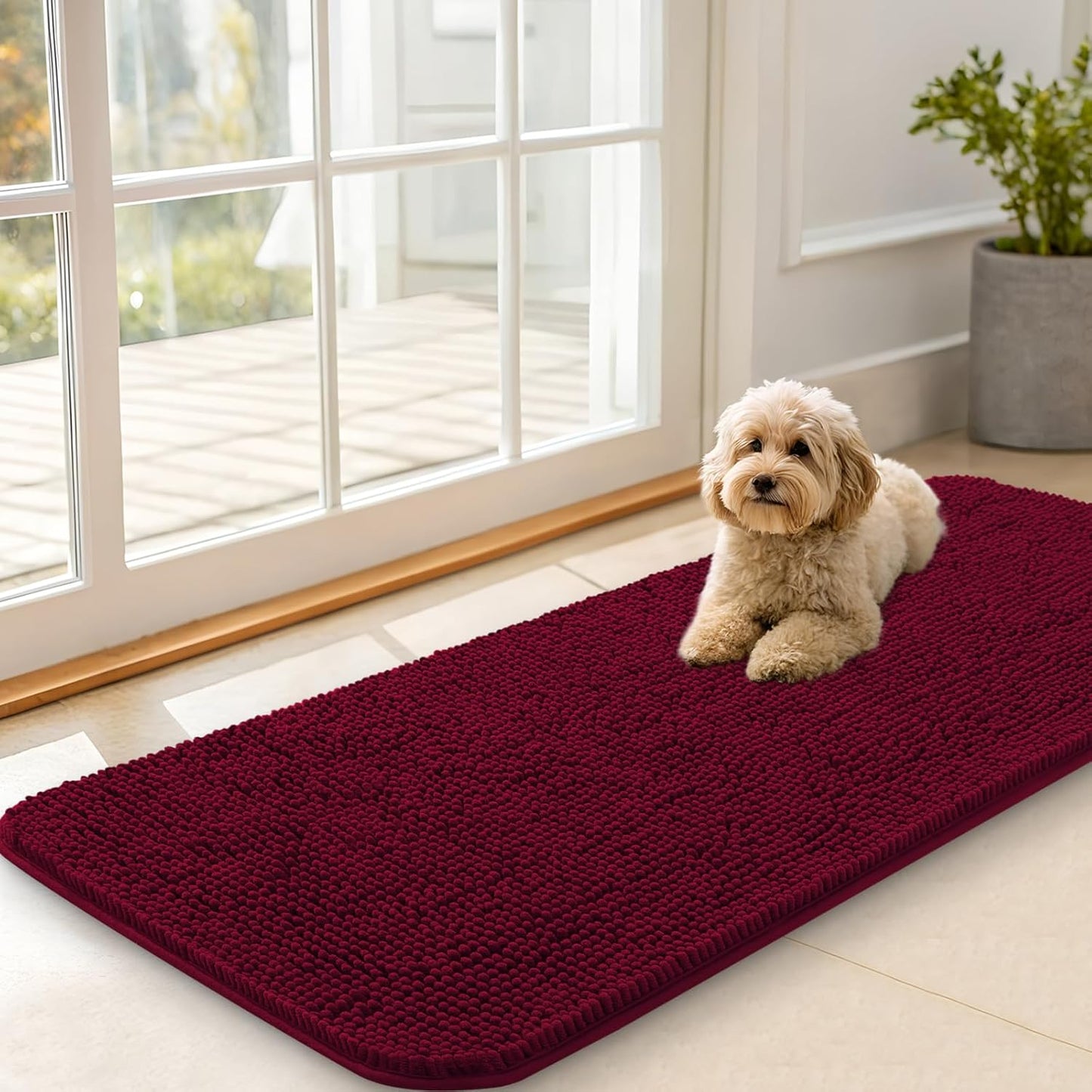 OLANLY Dog Door Mat - Absorbent Non-Slip Washable Chenille Mat for Muddy Paws | 47x20, Burgundy