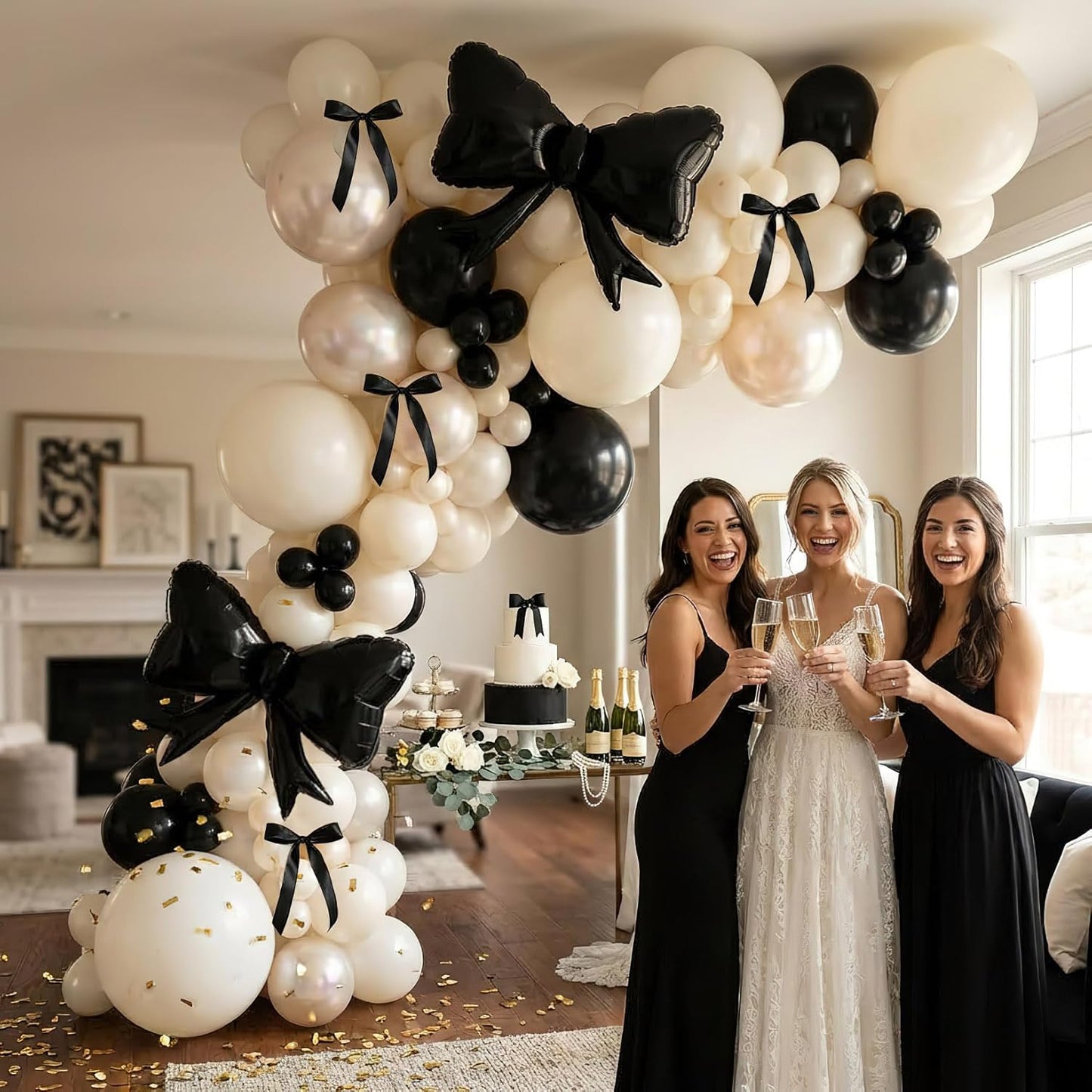 Black Bow Birthday Party Decorations - 122pcs Double Stuffed Pearl & Foil Balloons for Girls' Celebrations