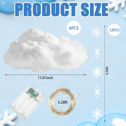 Wettarn 3D Large Winter Cloud Decorations - 18 Pcs Hanging Ornaments with Snowflakes for Party Decor