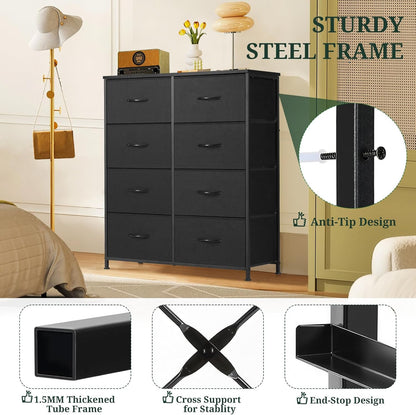 Regine Switzerland 8-Drawer Dresser - Anti-Tip Tall Storage Organizer with Wooden Top & Metal Frame - Black