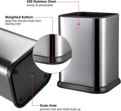 RedCall Stainless Steel Kitchen Utensil Holder - Modern Rectangular Organizer for Countertop | Large Silver Caddy