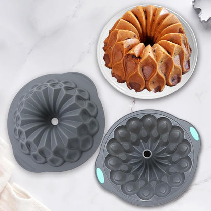 Tongjude Silicone Fluted Cake Pans - Non-Stick 4-Piece Set for Baking Cakes, Bread & Jello | 6/7/8 Cups, Grey