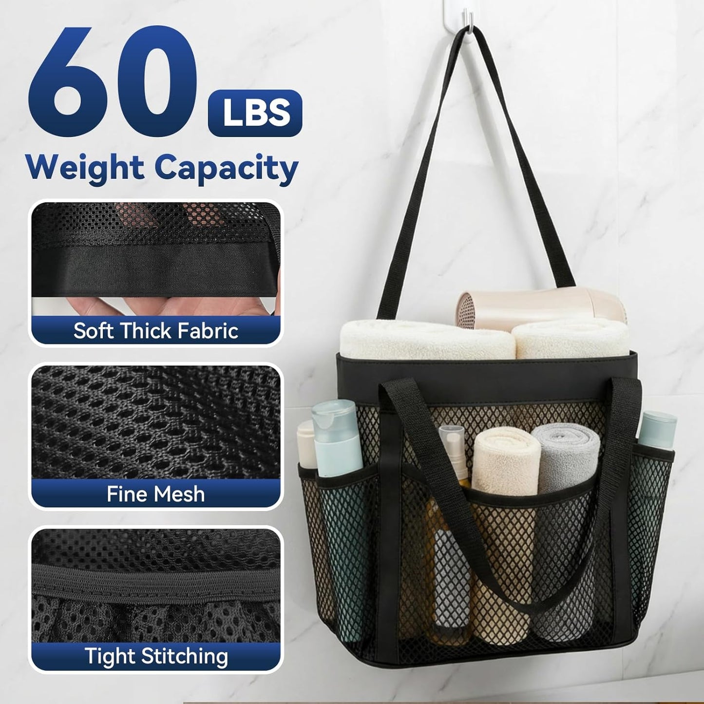 YASONIC Mesh Shower Caddy - Portable 8-Pocket Shower Bag with Double Handles | Black for Dorm & Gym Essentials