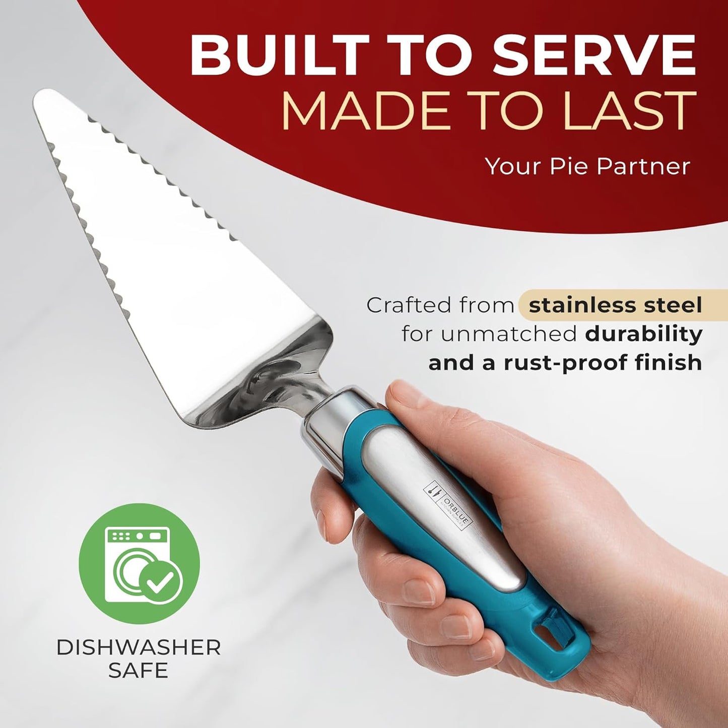Orblue Pie Server - Serrated Stainless Steel Cake Cutter for Left or Right-Handed Chefs | Blue