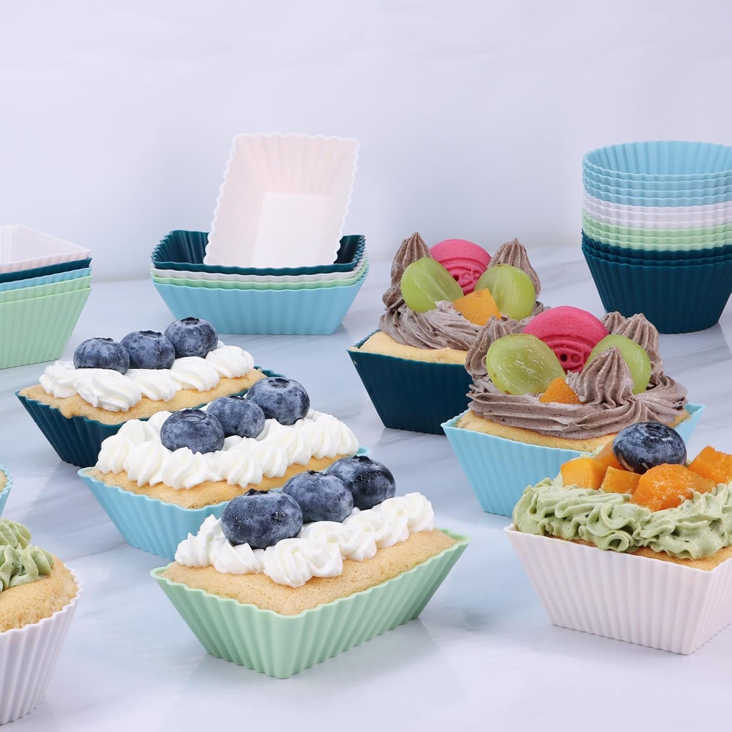 Skiennix Silicone Muffin Cups - 24-Pack Reusable Cupcake Liners in 3 Shapes | Neutral Colors, Regular Size