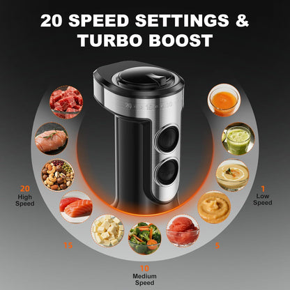 Skiennix Immersion Blender - 20-Speed Handheld Blender with Turbo Mode & Stainless Steel Blades | 600ml Beaker, 500ml Chopper (Silver)
