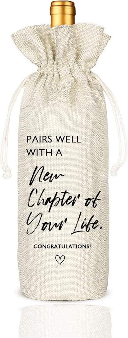 Socive New Job Gifts Wine Bag, Pairs Well With a New Chapter of Your Life, Job Gifr for Colleague, Coworker, Boss, Friends - Burlap Drawstring Wine Bag