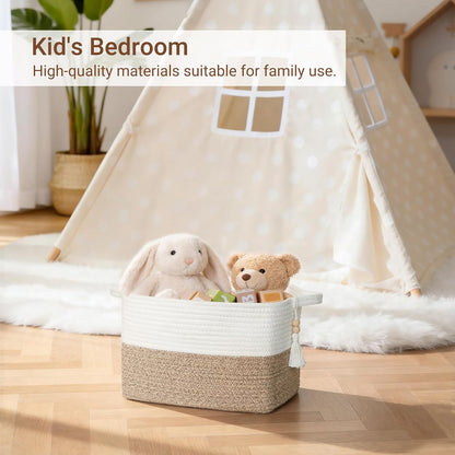Mkono Woven Storage Basket - Cube Cotton Rope Organizer for Toys, Clothes & Towels | 13" x 10" x 9", Brown & White