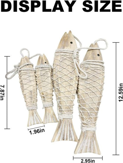 Antique Wood Fish Decor by [Brand Name] - Rustic Nautical Hand-Carved Wall Hanging Ornaments | 12.59" & 7.8" Sizes
