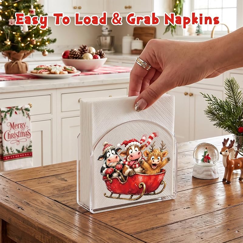 Christmas Napkin Holder - Acrylic U-Frame, Anti-Slip, 2.3x5x5 in, Sleigh Highland Cow Variation