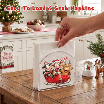 Christmas Napkin Holder - Acrylic U-Frame, Anti-Slip, 2.3x5x5 in, Sleigh Highland Cow Variation