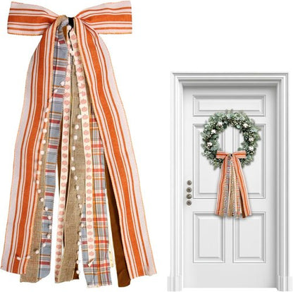 Fall Orange Stripes Wreath Bows - Pumpkin Lace Ribbon Bowknot for Thanksgiving Door Decor