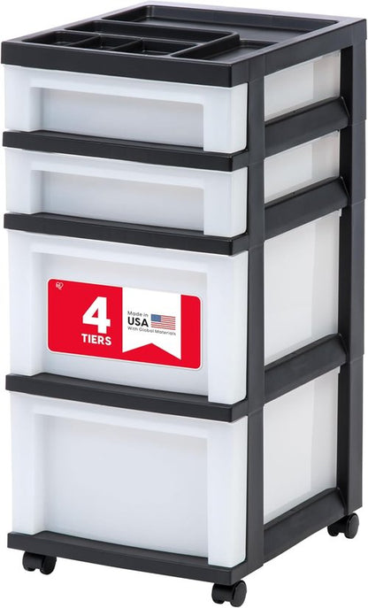 IRIS USA Rolling Drawer Storage Organizer Cart - 4 Spacious Drawers for Art & Craft Supplies | Black/Pearl